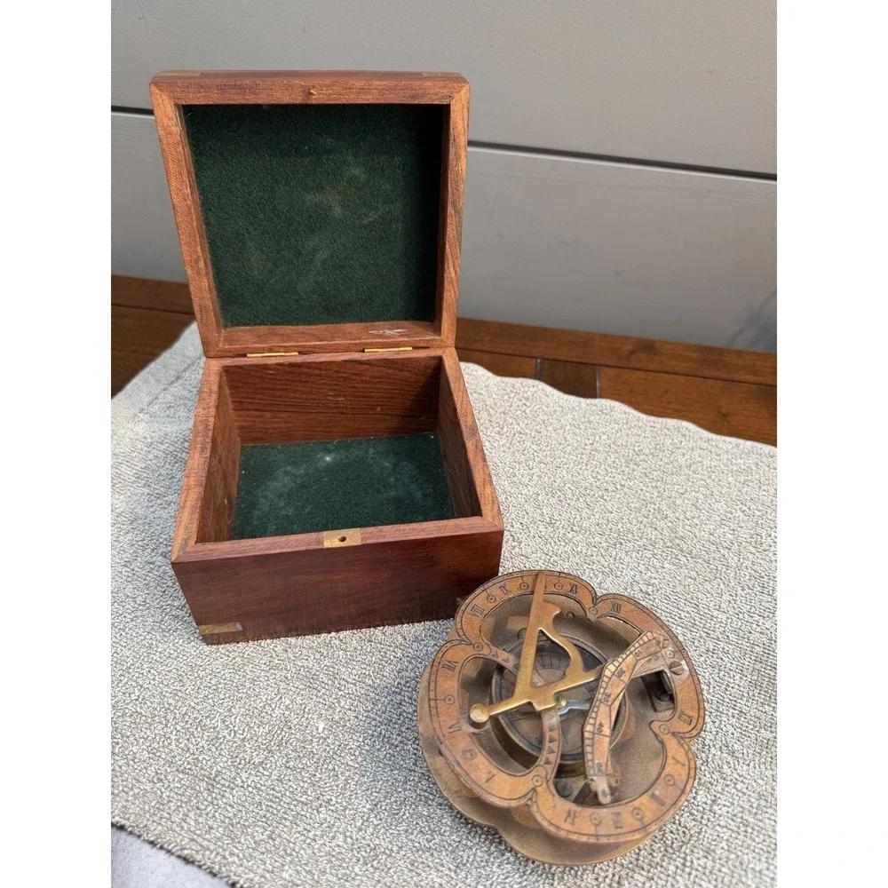 Large Antique Nautical Brass Copper Sundial Compass W/ Rosewood Inlay Box
